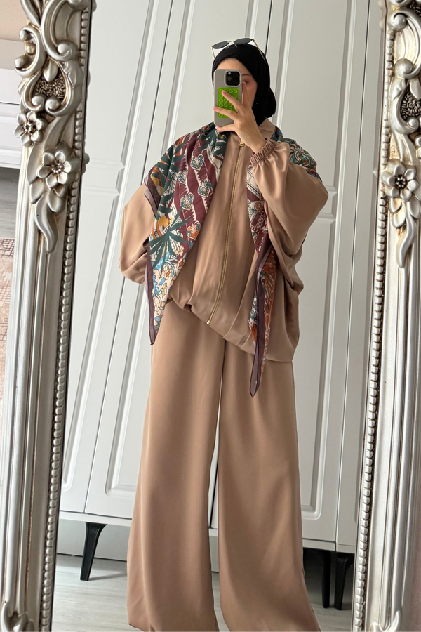 Saten Bomber Ceket Pantolon Takım- Vizon
