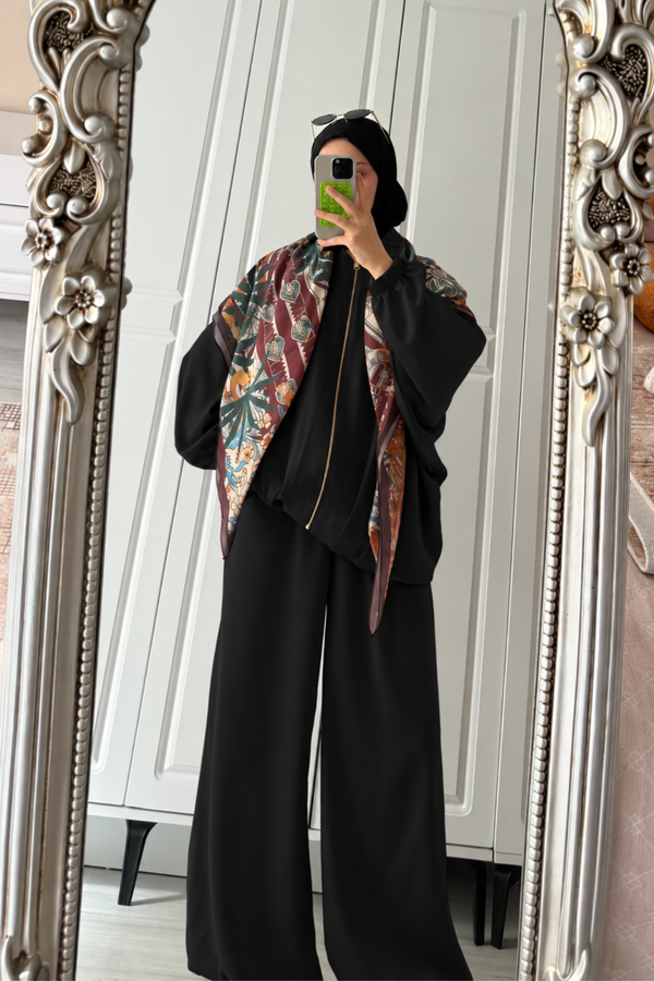 Saten Bomber Ceket Pantolon Takım- Siyah