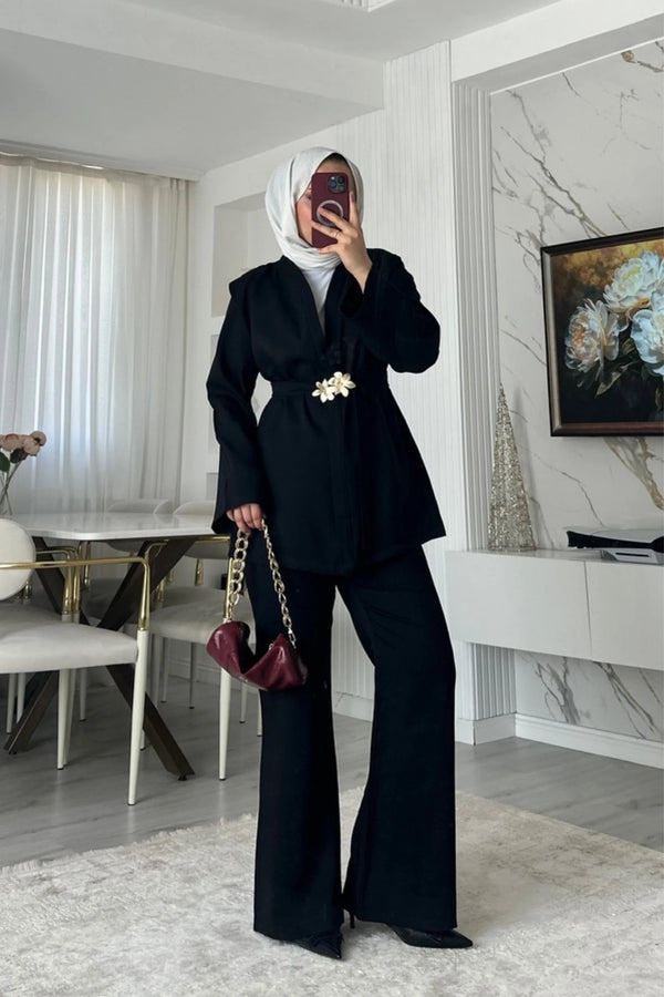 Broş Kemerli Kimono Takım - Siyah