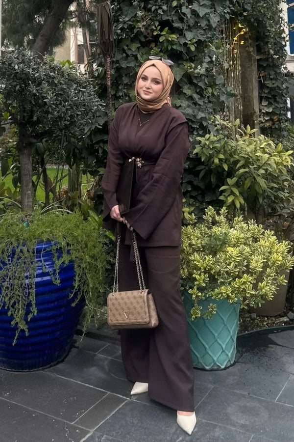 Broş Kemerli Kimono Takım - Acı Kahve