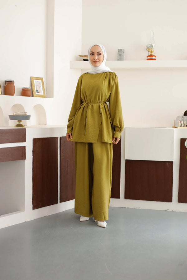 Asimetrik Tunik Pantolon Takım - Hardal