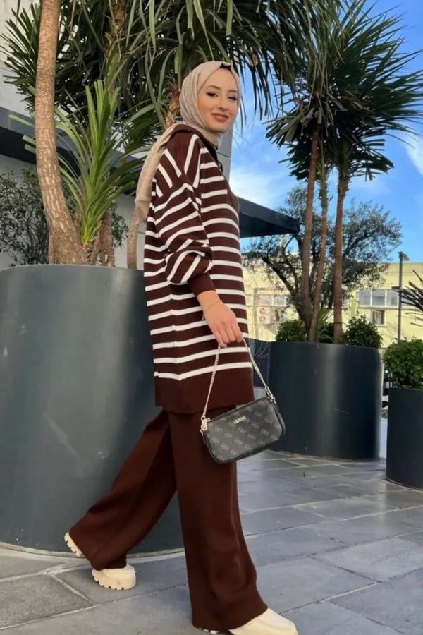 Lily Çizgili Triko Takım - Kahverengi