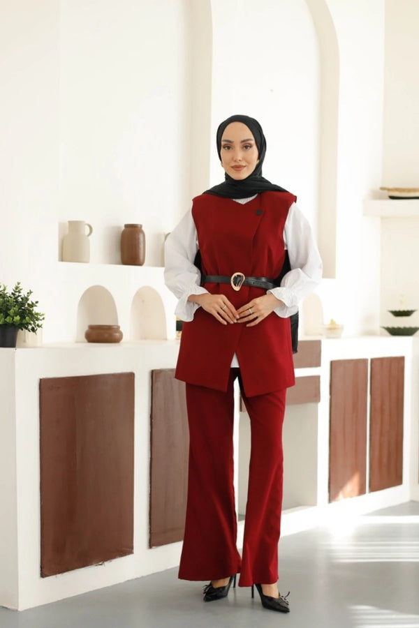 Kemerli Yelek Pantolon Takım - Bordo