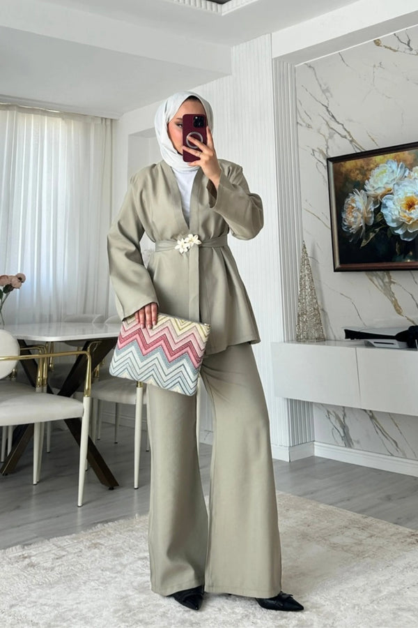 Broş Kemerli Kimono Takım - Açık Haki