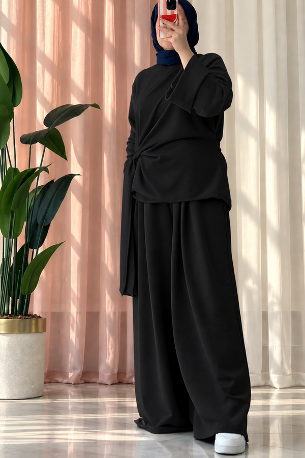 Belden Bağlamalı 2'li Sweat Pantolon Takım- Siyah