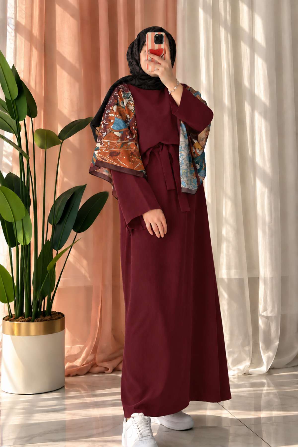 Uzun Basic Keten Elbise-Bordo