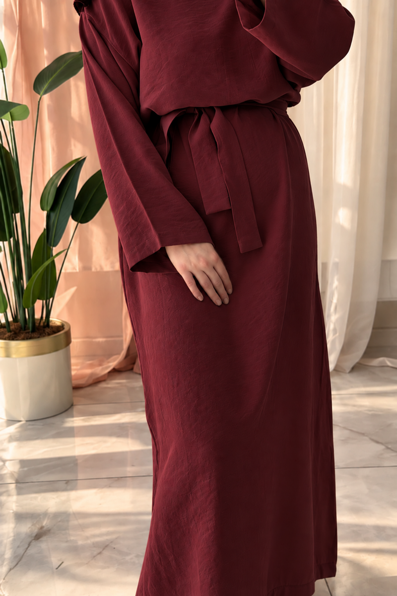 Uzun Basic Keten Elbise-Bordo