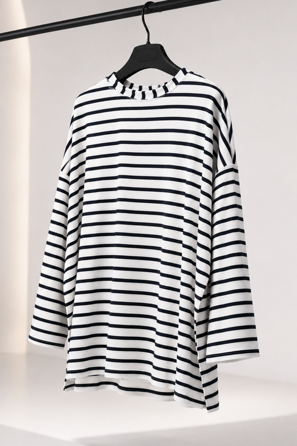 Çizgili Koton Sweatshirt- Siyah