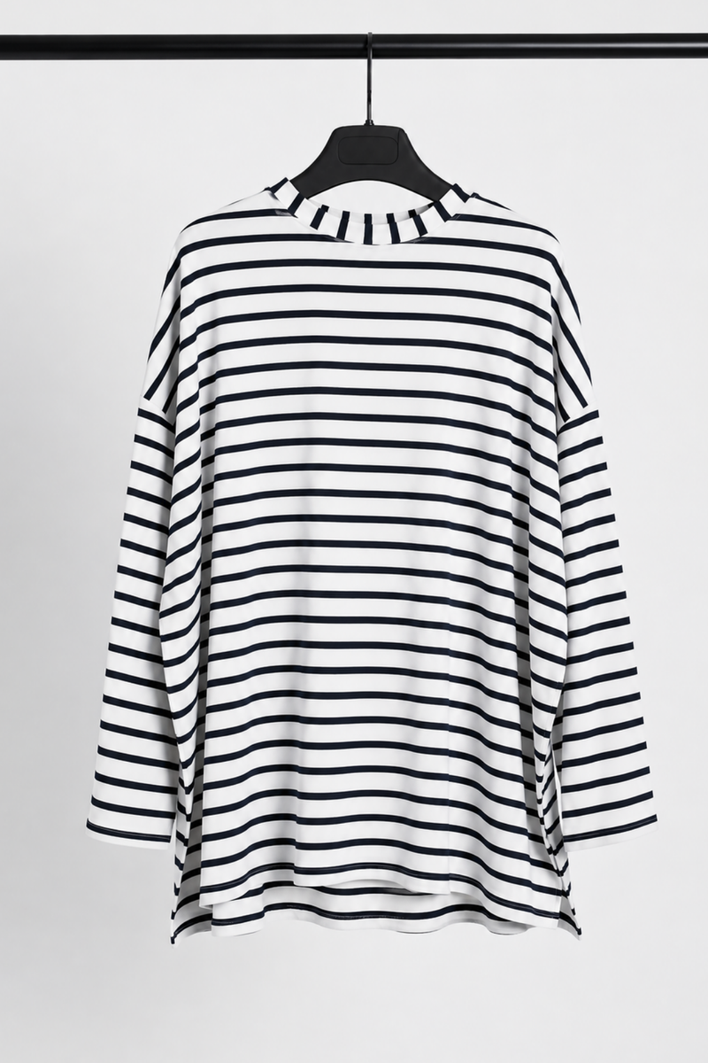 Çizgili Koton Sweatshirt- Siyah