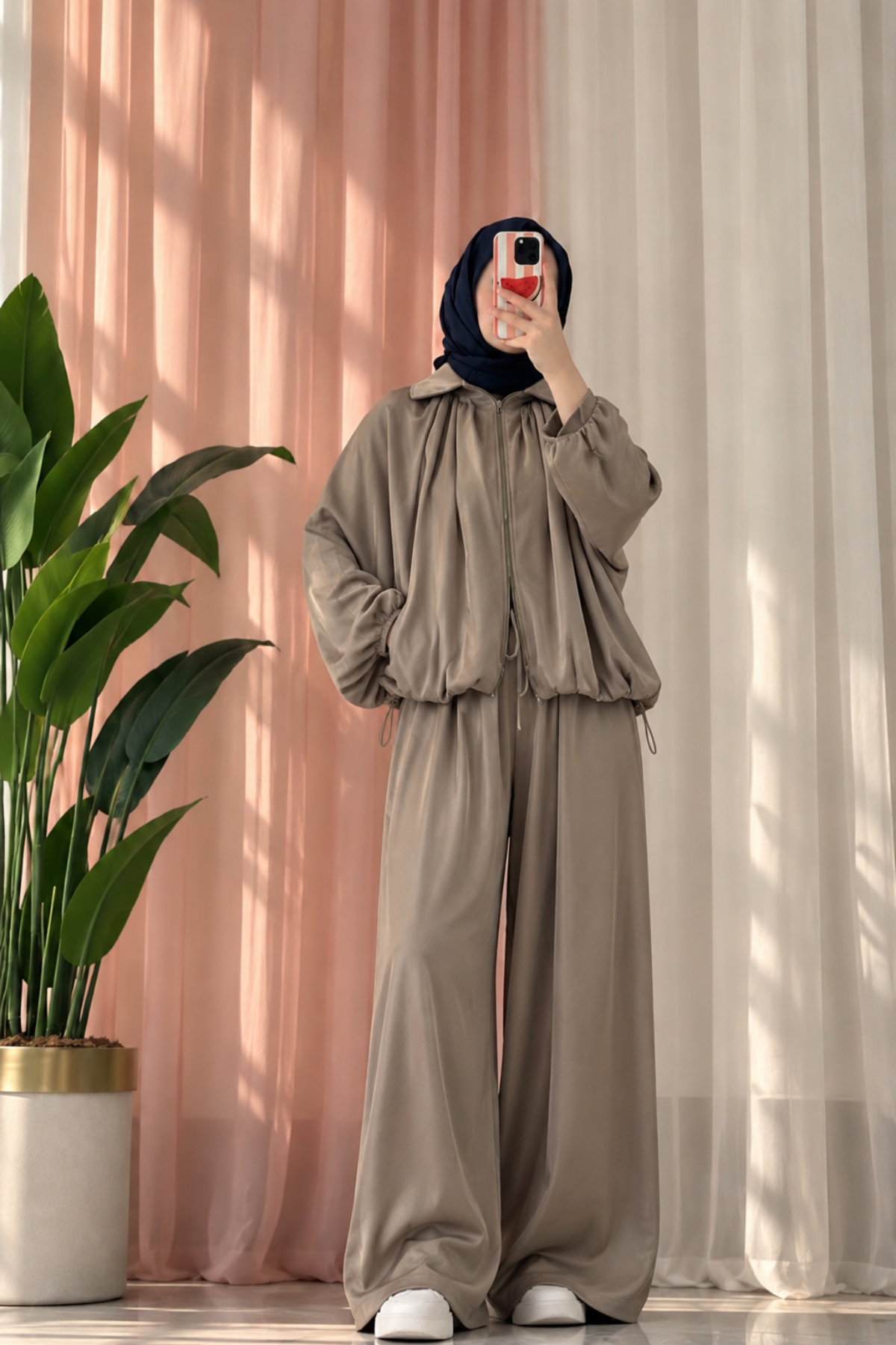 Saten Bomber Ceket Pantolon Takım- Vizon