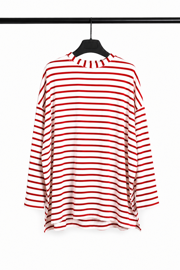 Çizgili Koton Sweatshirt- Kırmızı