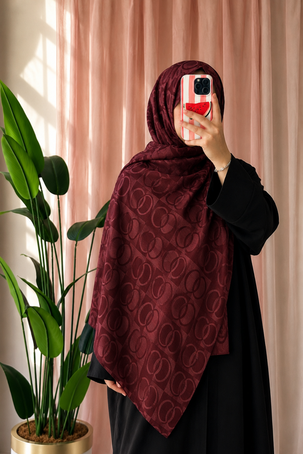 Monogram Pamuklu Desenli Şal-Bordo