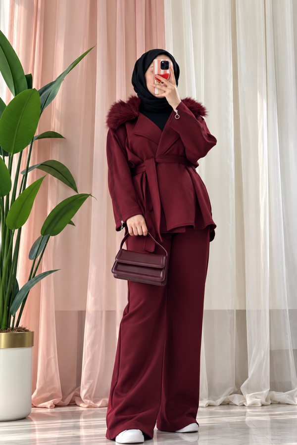 Kürk Yakalı Skuba Takım-Bordo