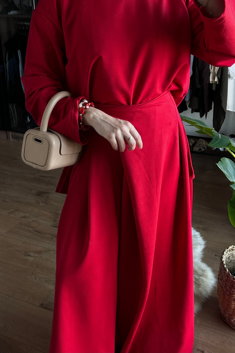 2'li Sweat Pantolon Etek Takım-Kırmızı