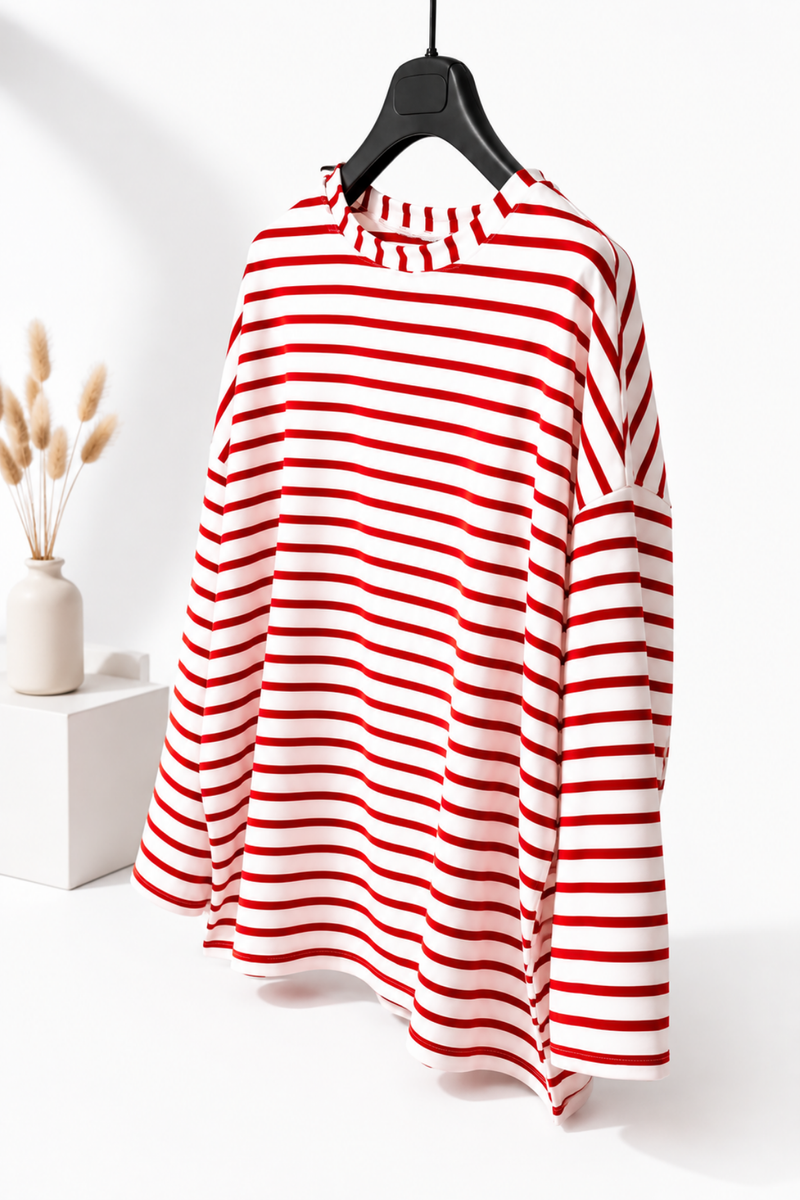 Çizgili Koton Sweatshirt- Kırmızı