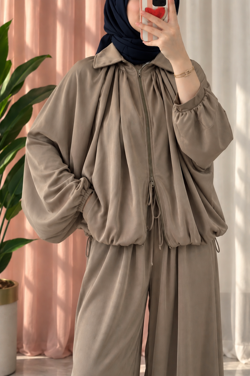 Saten Bomber Ceket Pantolon Takım- Vizon