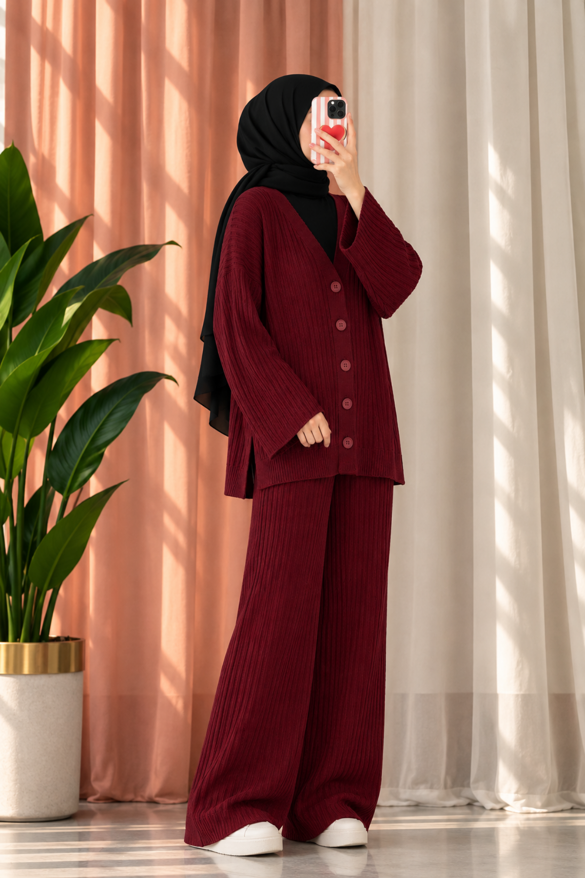 2'li Triko Hırka Pantolon Takım-Bordo