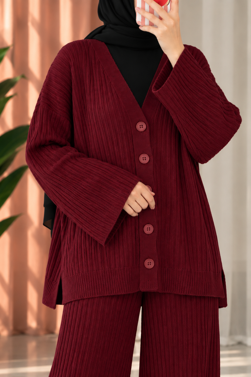 2'li Triko Hırka Pantolon Takım-Bordo