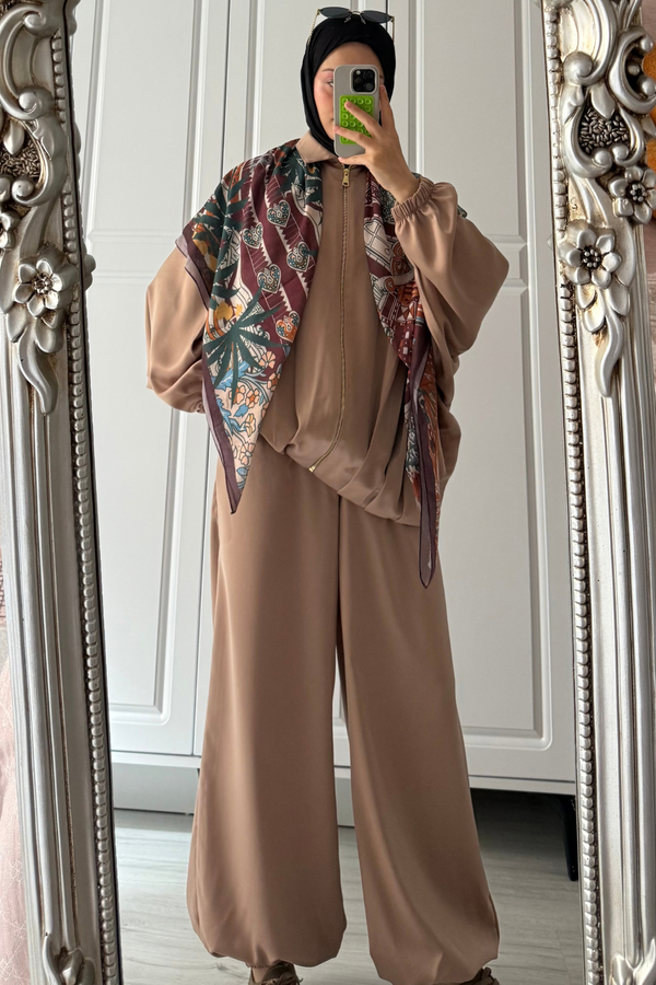Saten Bomber Ceket Pantolon Takım- Vizon