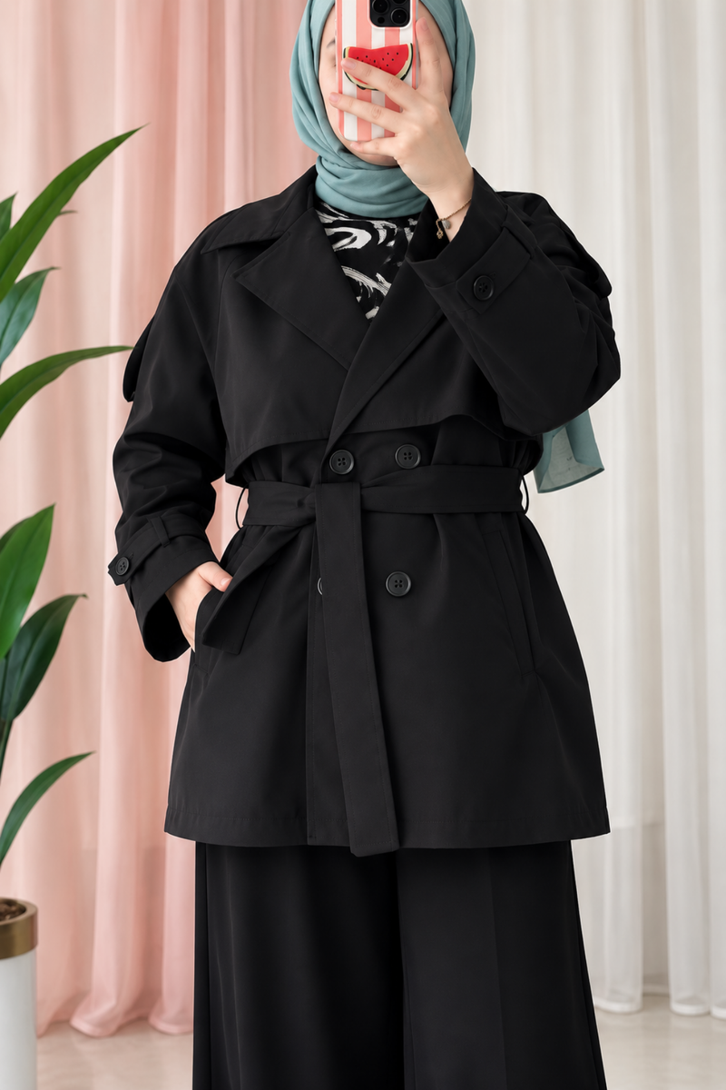 Gabardin Mevsimlik Kısa Trençkot-Siyah