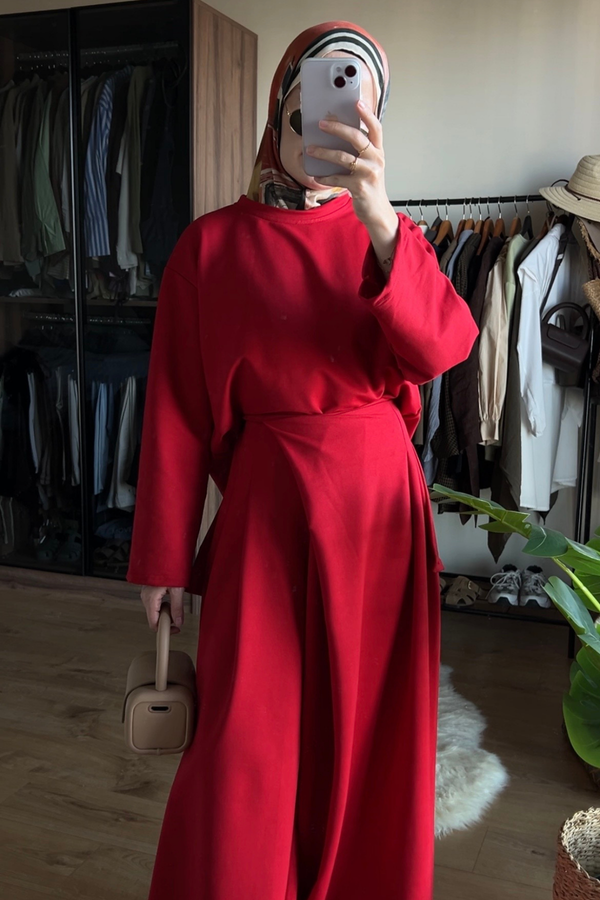 2'li Sweat Pantolon Etek Takım-Kırmızı