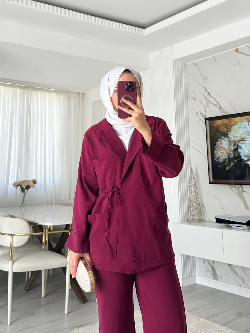 Cepli Bağlamalı Tunik Pantolon Takım - Vişne