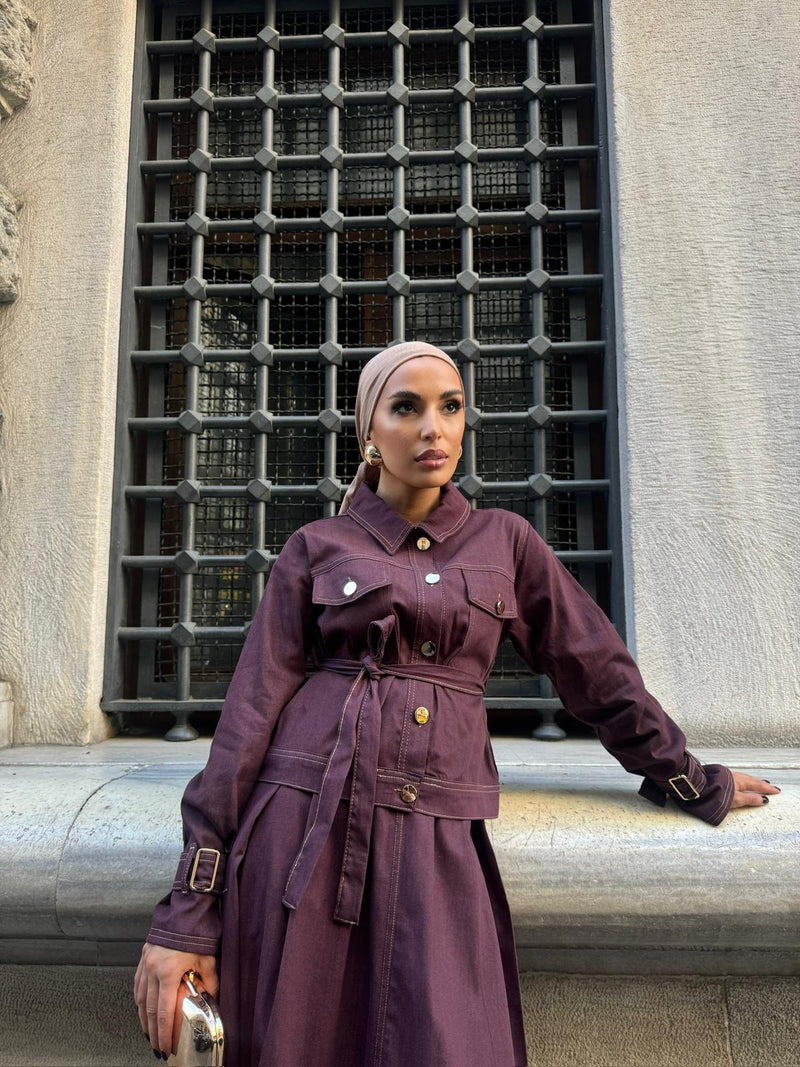 Kemerli Kot Ceket Etek Takım - Bordo