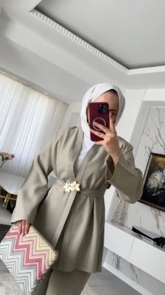 Broş Kemerli Kimono Takım - Açık Haki