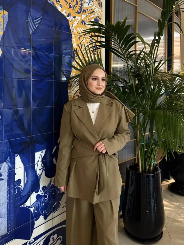 Bağlama Detay Blazer Ceket Pantolon Takım - Haki
