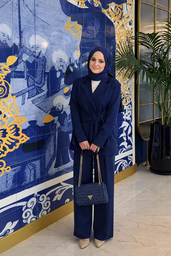 Bağlama Detay Blazer Ceket Pantolon Takım - Lacivert