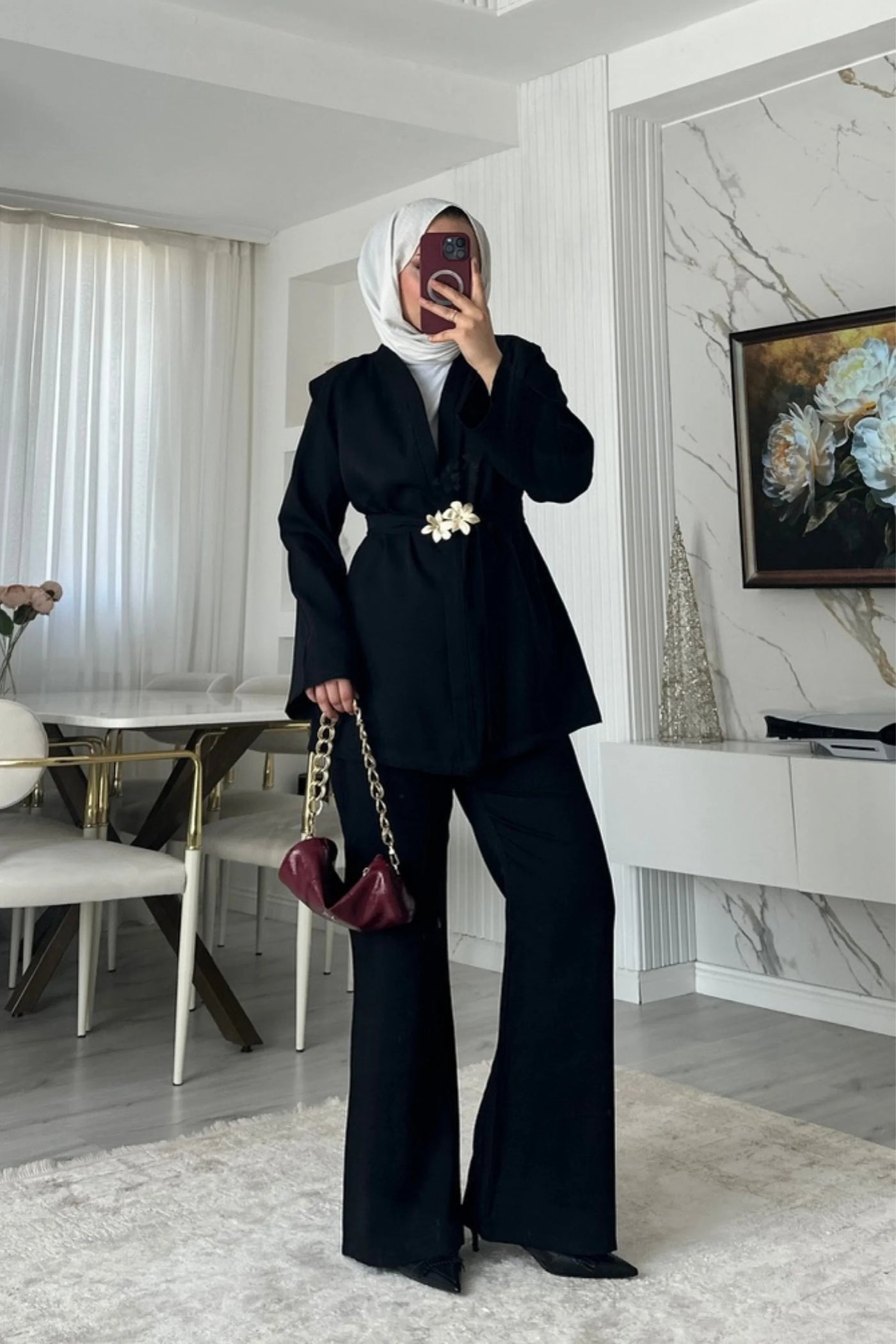 Broş Kemerli Kimono Takım - Siyah
