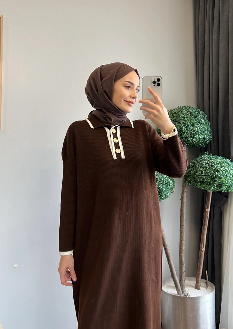 Düğmeli Biye Detay Uzun Triko Elbise - Kahverengi