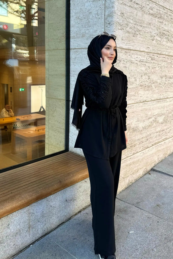 Chery Krep Gömlek Pantolon Takım - Siyah