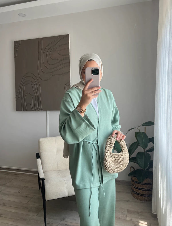 Yandan Bağlamalı Kimono Takım - Mint