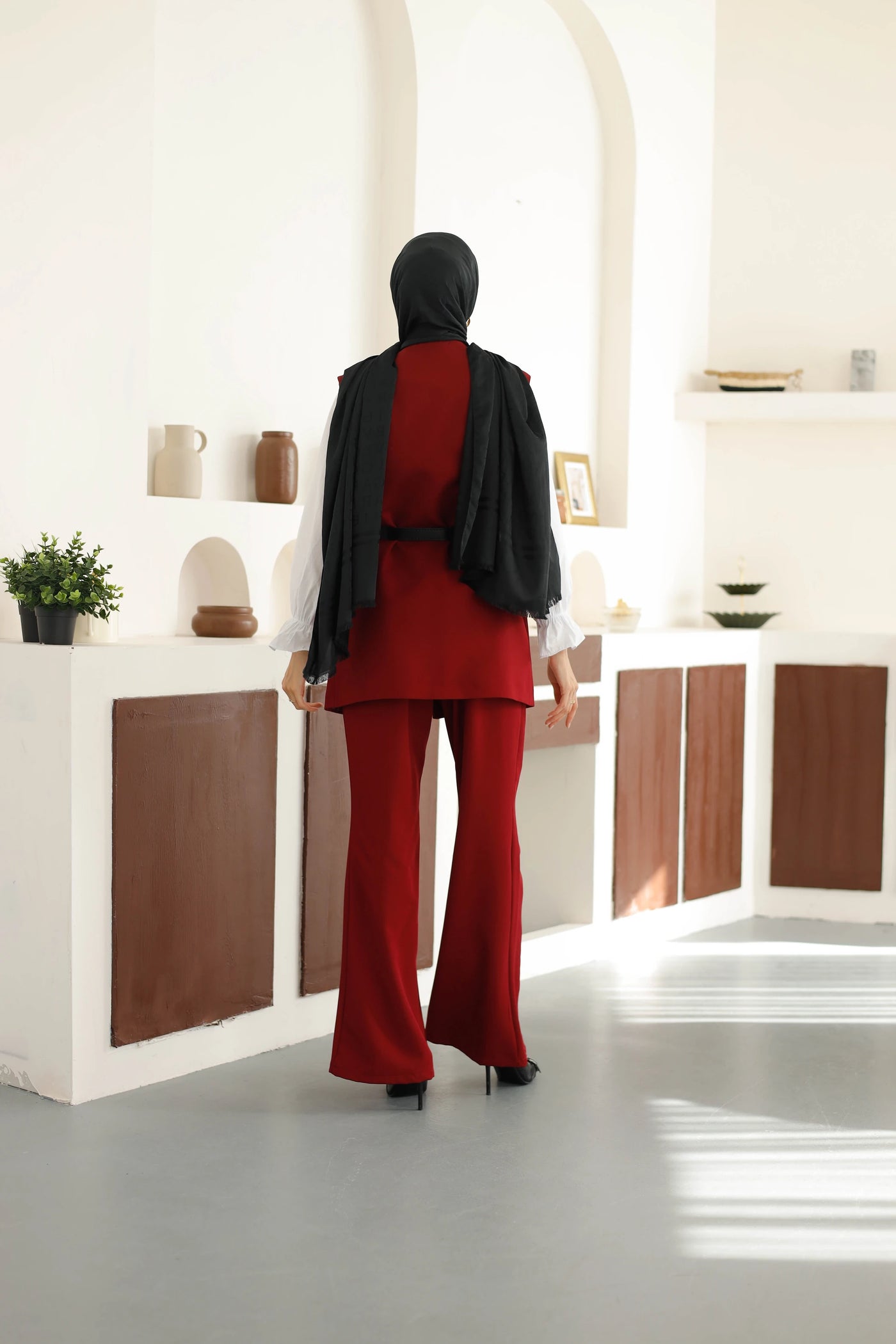 Kemerli Yelek Pantolon Takım - Bordo