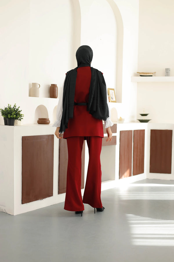 Kemerli Yelek Pantolon Takım - Bordo