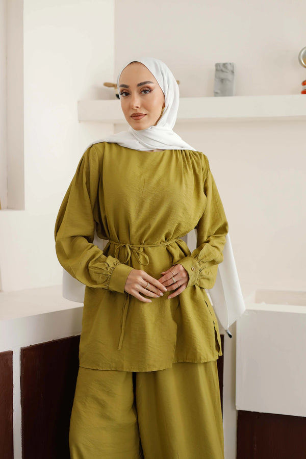 Asimetrik Tunik Pantolon Takım - Hardal