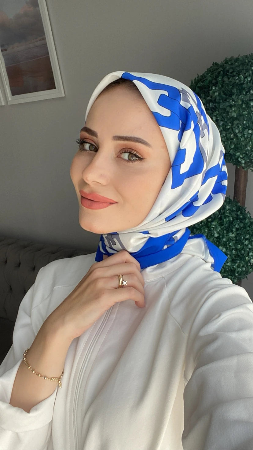 Zincir Desen Kare Eşarp - Saks Mavi