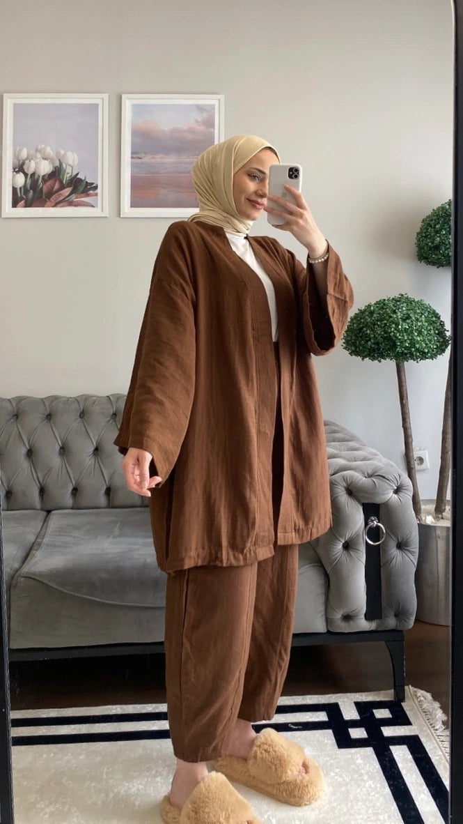 Kahve Şalvar Kimono Takım