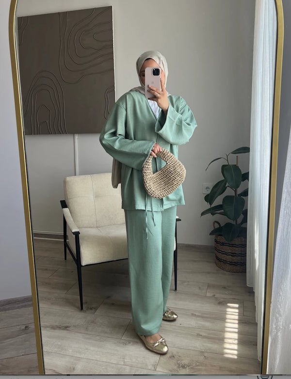Yandan Bağlamalı Kimono Takım - Mint