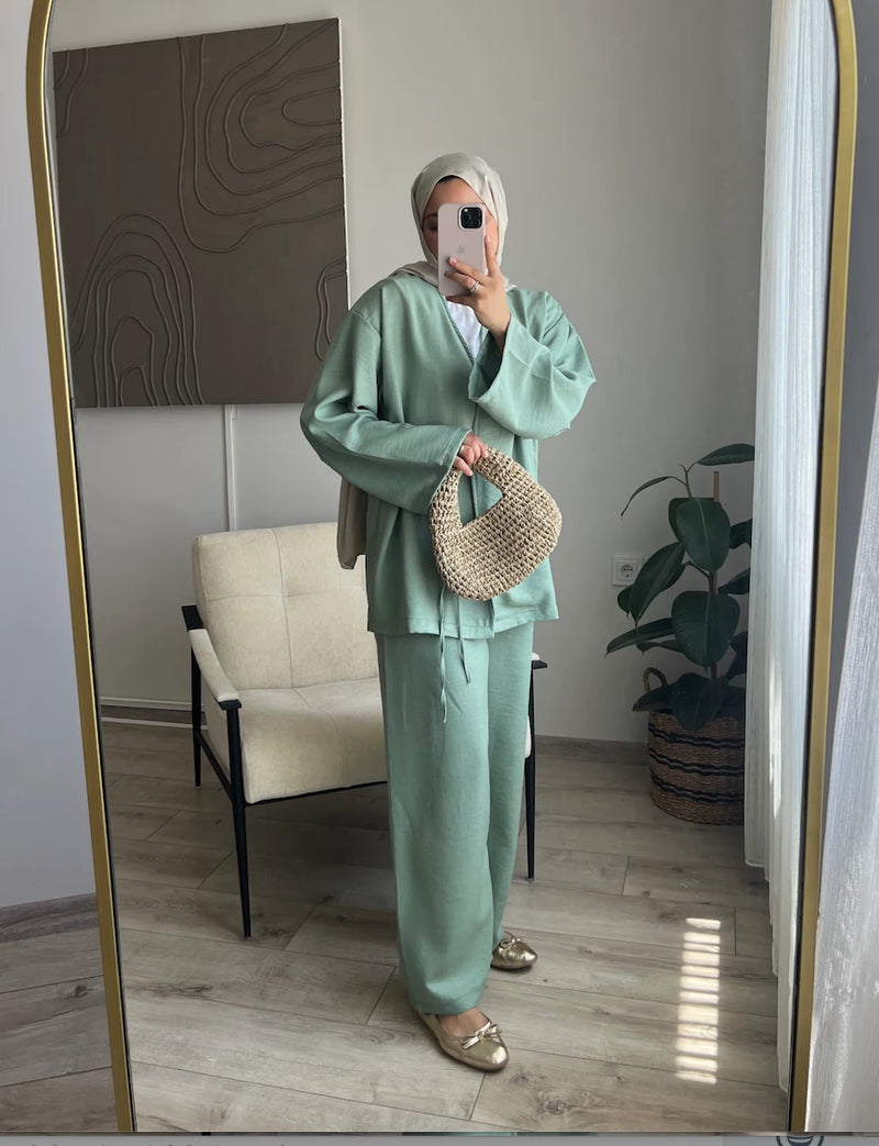 Yandan Bağlamalı Kimono Takım - Mint