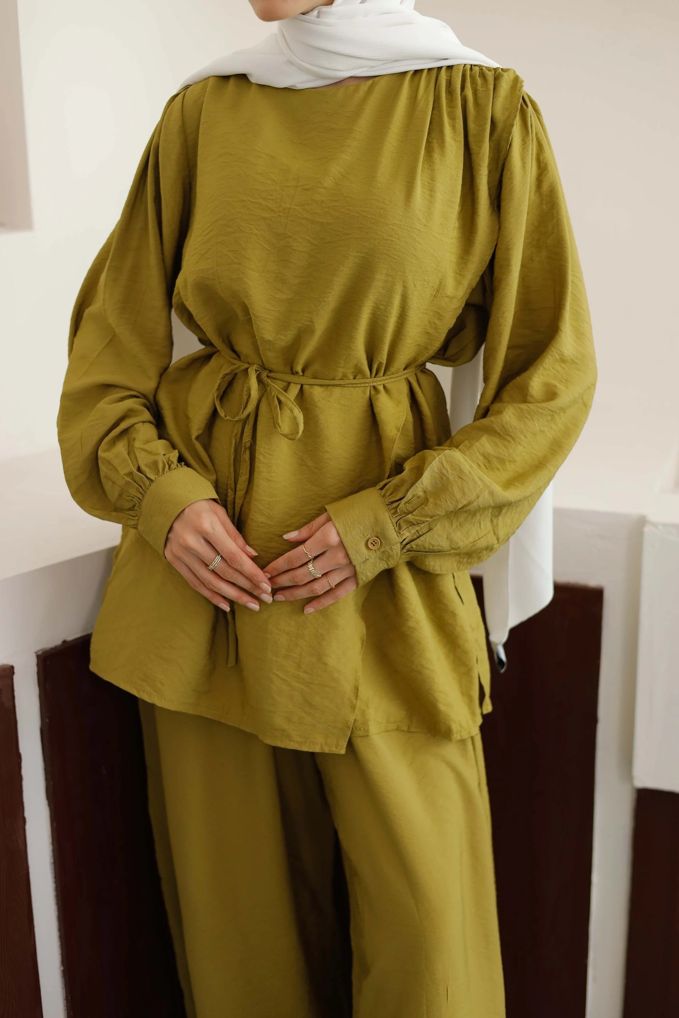 Asimetrik Tunik Pantolon Takım - Hardal
