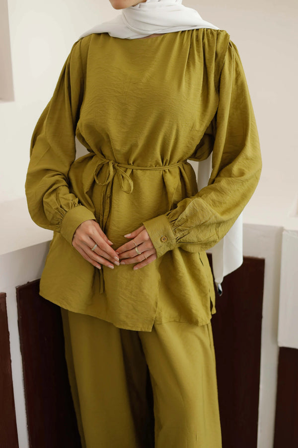 Asimetrik Tunik Pantolon Takım - Hardal