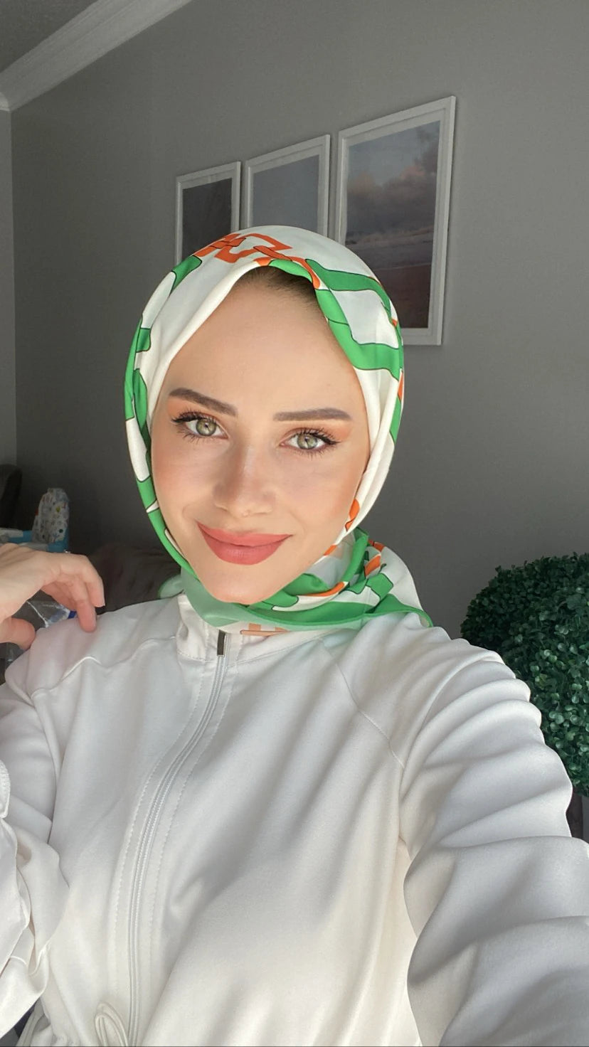 Zincir Desen Kare Eşarp - Yeşil