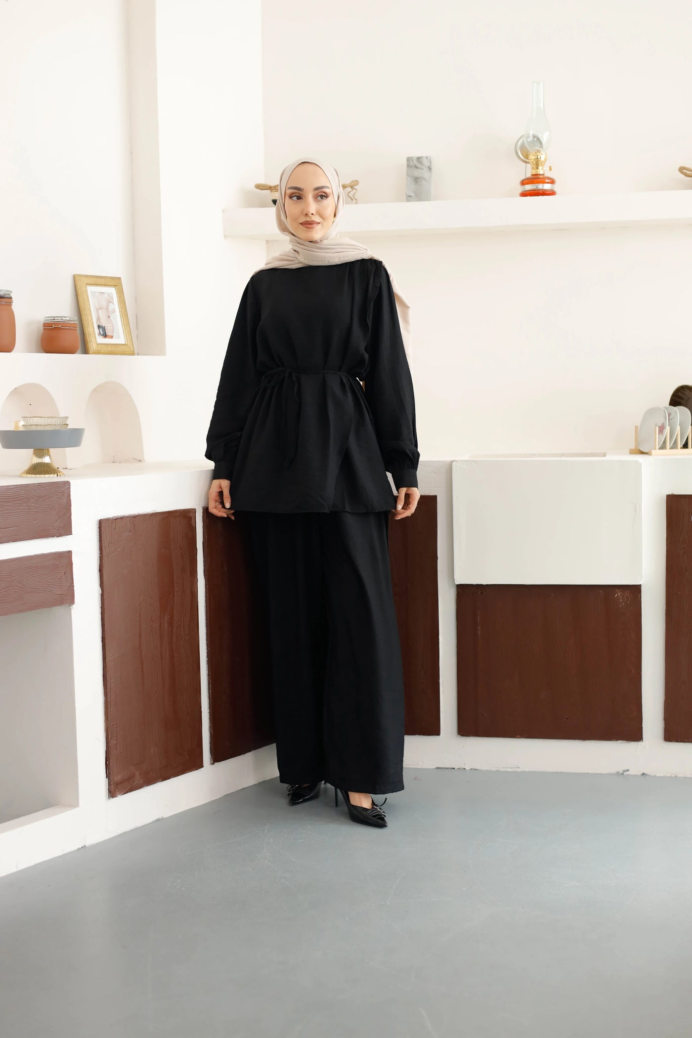 Asimetrik Tunik Pantolon Takım - Siyah