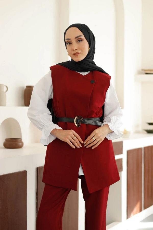Kemerli Yelek Pantolon Takım - Bordo