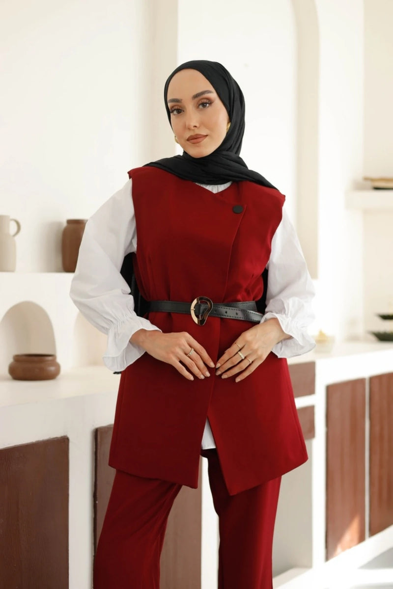 Kemerli Yelek Pantolon Takım - Bordo