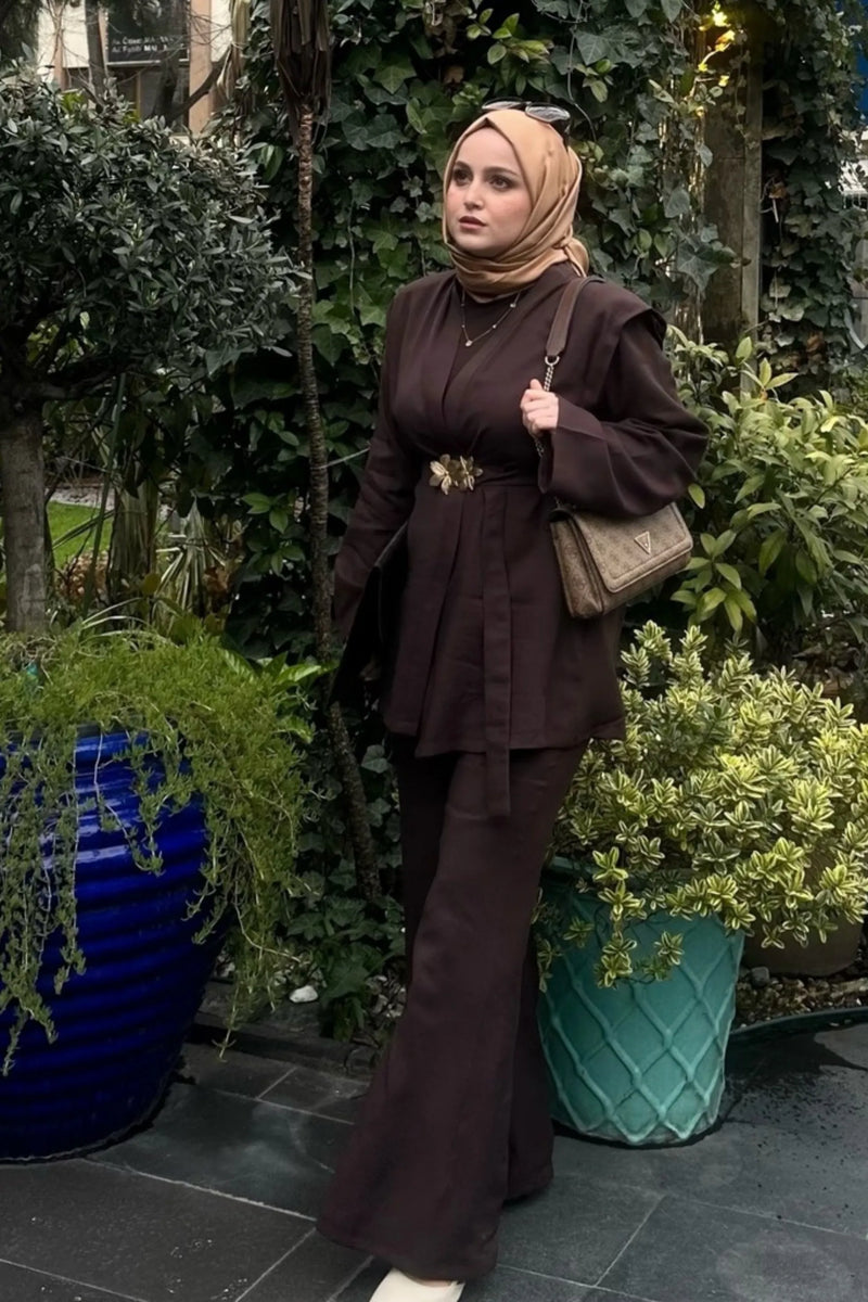 Broş Kemerli Kimono Takım - Acı Kahve