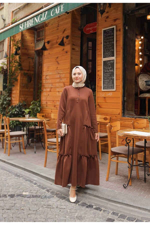 Fırfırlı Skuba Elbise - Kahverengi