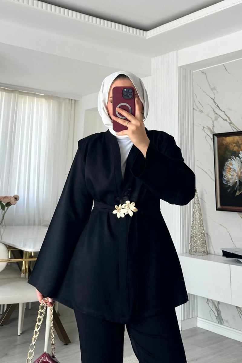 Broş Kemerli Kimono Takım - Siyah